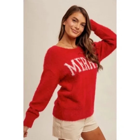 Red Merry Soft Fuzzy Eyelash Christmas Holiday Knit Pullover Sweater - Picture 5 of 7